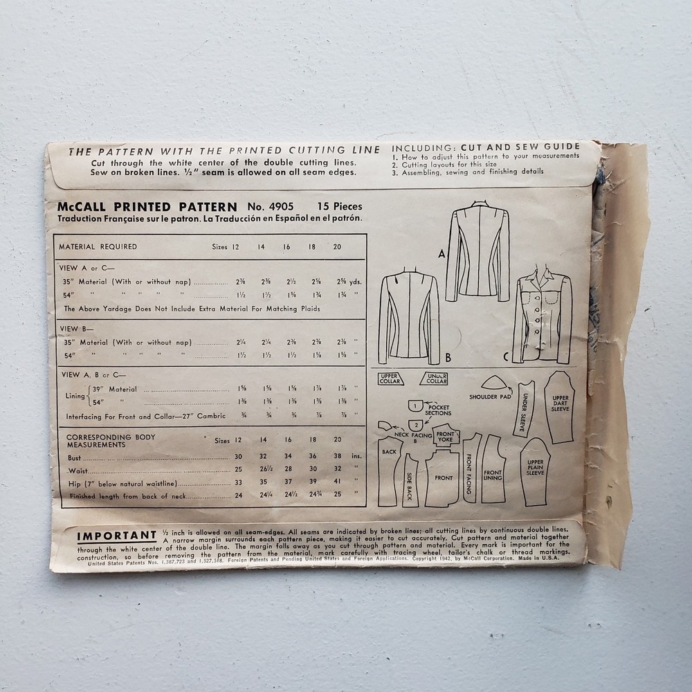 1940s Vintage McCalls 4905 Scottish Plaid Sporting Blazer Jacket Sewing Pattern - Picture 2 of 2